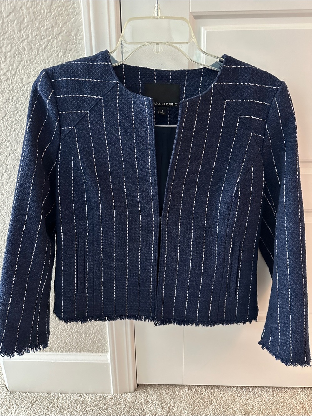 Banana Republic Navy Pinstripe Cropped Blazer with Fringe Hem